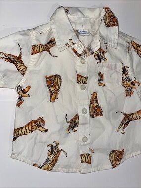 Old Navy White Button-Down Shirt with Orange and Black Tiger Print Baby Boy 0-3